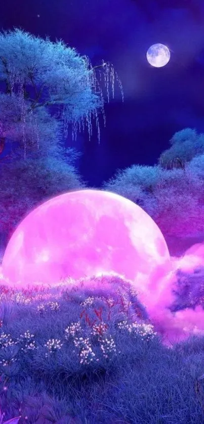 Mystical moonlit landscape with vibrant purple hues and ethereal lighting.