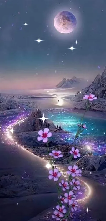 Mystical landscape with moonlit flowers and serene waters under a starry sky.