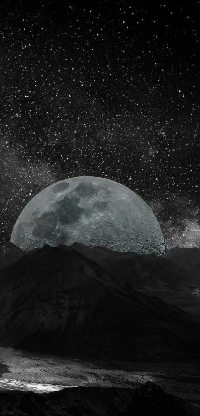 Moonlit landscape with stars and galaxy in a dark cosmic theme.