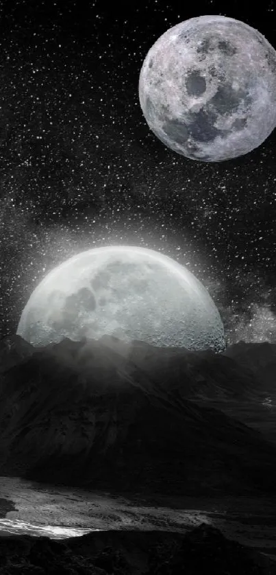 Moonlit landscape with night sky and stars on mobile wallpaper.