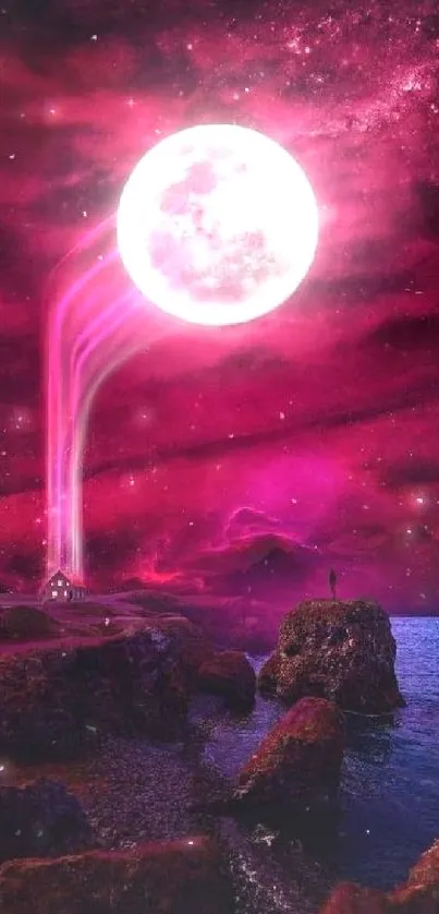 Vivid magenta night landscape with moon and ocean.