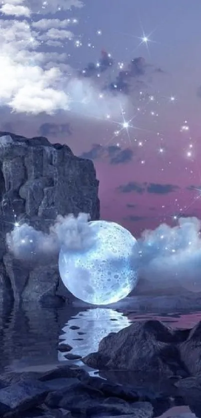 Mystical moonlit landscape with clouds and rocks under starry sky.