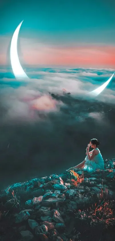 Woman in a mystical landscape with crescent moons and clouds.