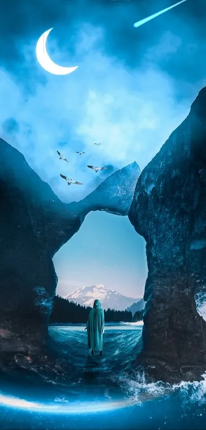 Mysterious moonlit mountain landscape with crescent moon and figure.