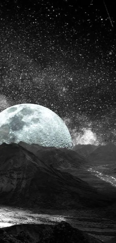 Moonlit landscape with stars and mountains creating a mystical night scene.