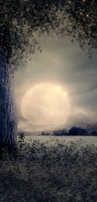 Mystical moonlit landscape with tree and stars.