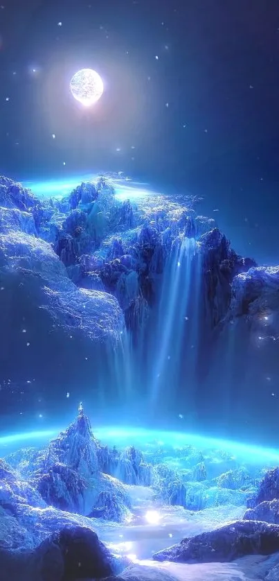 Mystical landscape with moon and blue waterfalls in digital art.