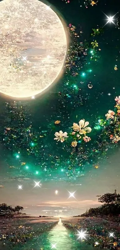 Mystical landscape with moon and celestial flowers in a serene night scene.