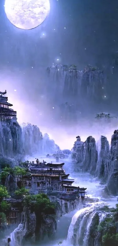 Moonlit landscape with ancient architecture and serene night sky wallpaper.