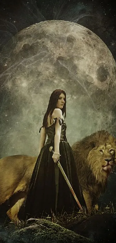 Woman with lion under a full moon in dark fantasy art.