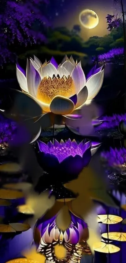 Mystical wallpaper with a moonlit lotus and purple tones.