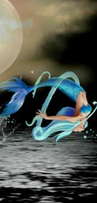 Mermaid leaping under the full moon.