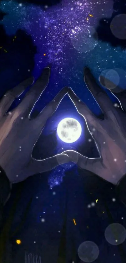 Mystical wallpaper with blue night sky and hands framing a moon.