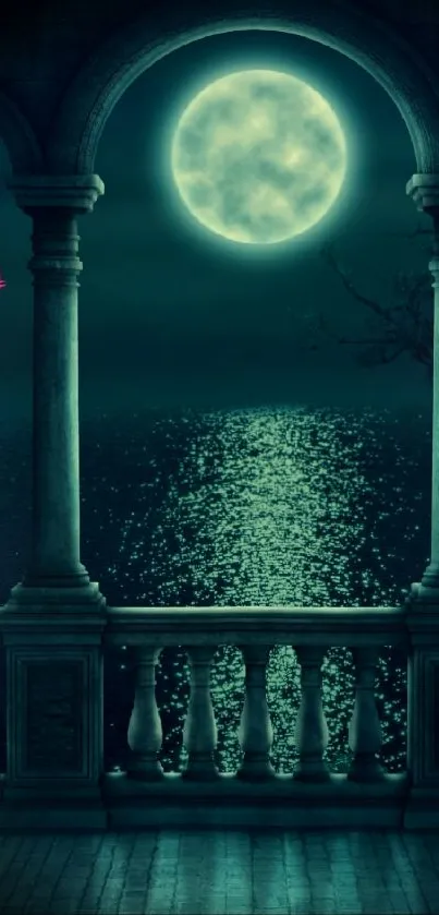 Full moon illuminating ocean through ancient columns on a mobile wallpaper.