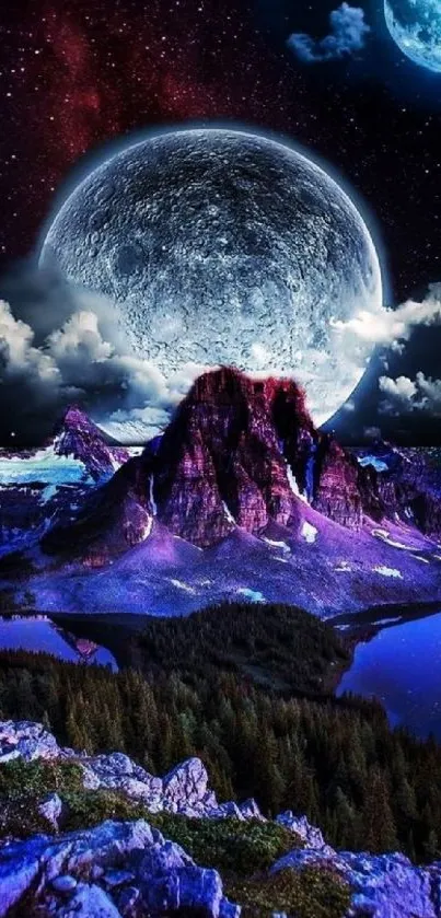 Mystical mountain landscape under moonlit sky with vibrant colors.