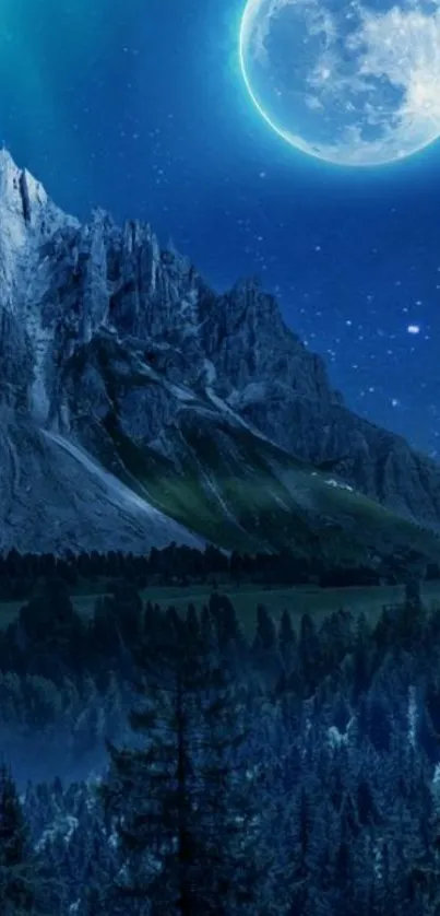 Majestic mountain under a full moon in a starry night sky with a serene forest.