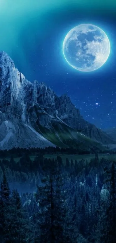 Mystical mountain scene under full moon with blue night sky and forest.