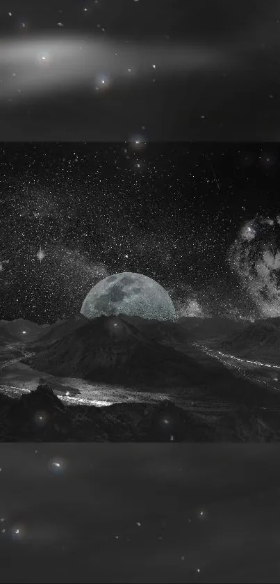 Mystical moonlit mountain landscape with stars in a serene night scene.