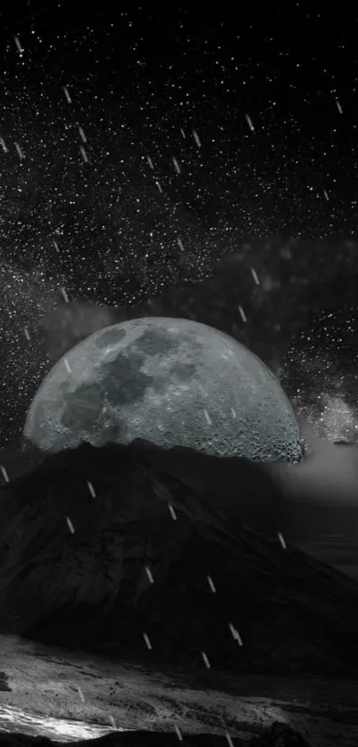 Black and white wallpaper with moonlit mountain and starry sky.