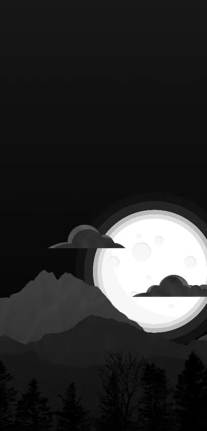 Moonlit mountain and forest silhouette under a dark sky.