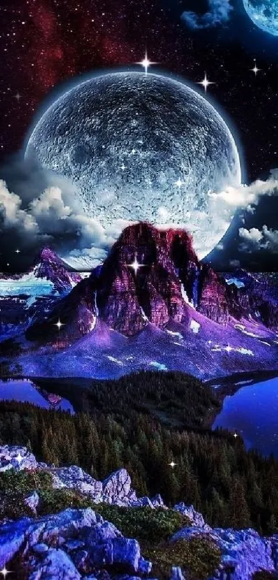 Mystical mountain landscape under full moon with vibrant night sky.