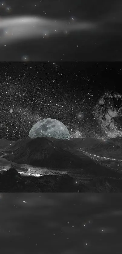 Ethereal moonlit mountain scene under starry night sky for mobile wallpaper.