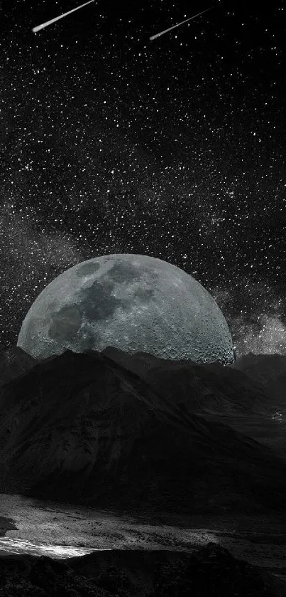 Moonlit mountain landscape with starry sky and cosmic elements.