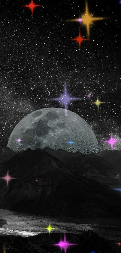 Moonlit mountain landscape with starry sky.