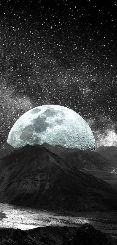 Moonlit mountain scene with starry sky and cosmic elements.