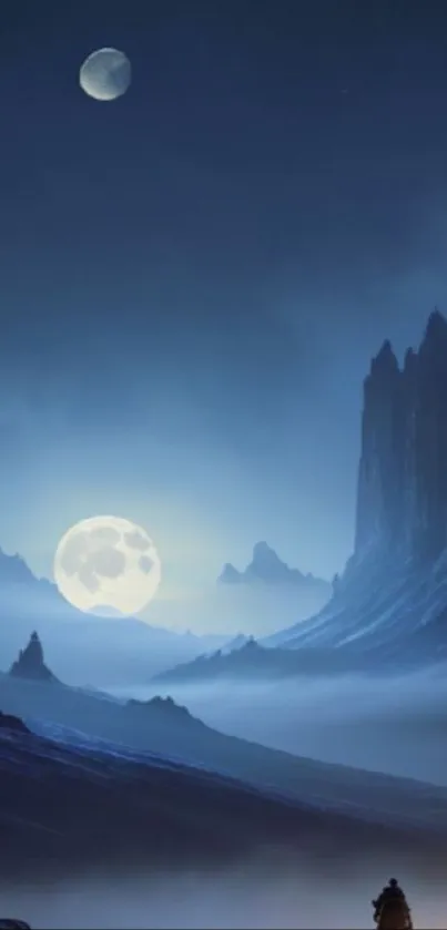 Mystical mountains under a moonlit sky with foggy peaks and serene ambiance.