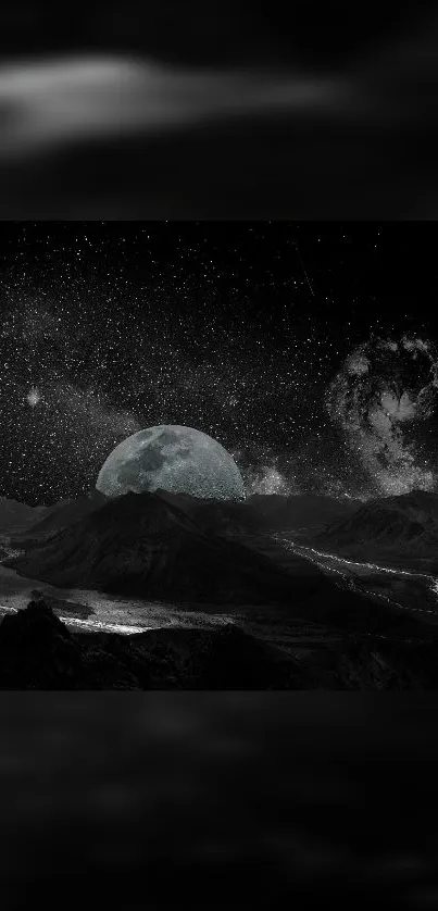 Moonlit night over mountains with starry sky.
