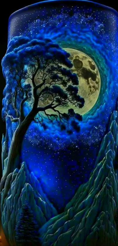 Mystical moonlit night with trees and vibrant blue sky on wallpaper.