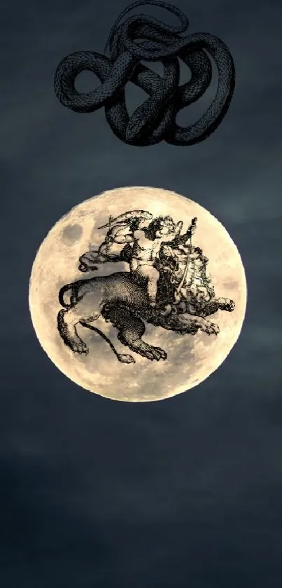 Mystical mobile wallpaper featuring a full moon with mythical creatures in a dark night sky.