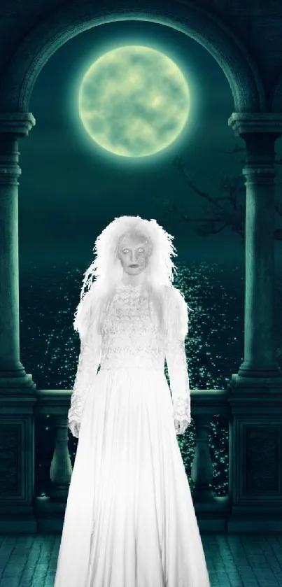 Ghostly bride in a white dress under a full moon with roses, overlooking the sea.