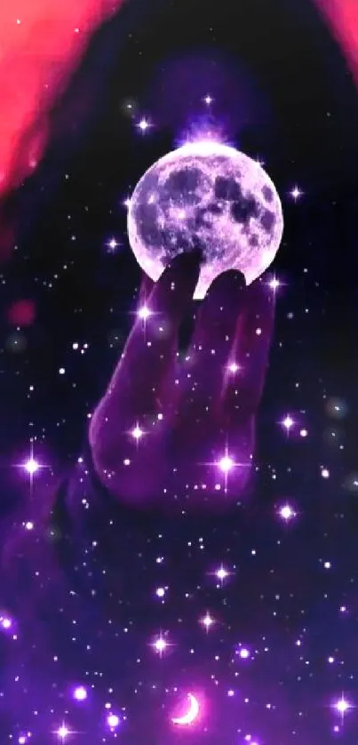 Mystical figure holding moon in a starry purple sky wallpaper.