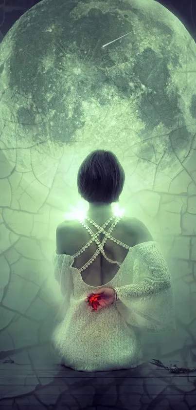 Mystical scene with a glowing full moon and serene figure.