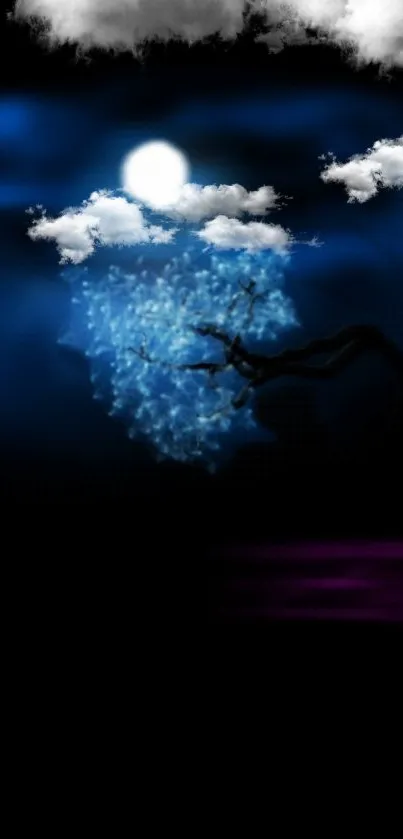 Mystical night scene with moon and clouds.