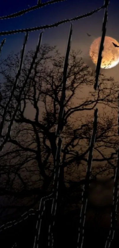 Moonlit night with tree silhouettes and bats in dark blue hues.