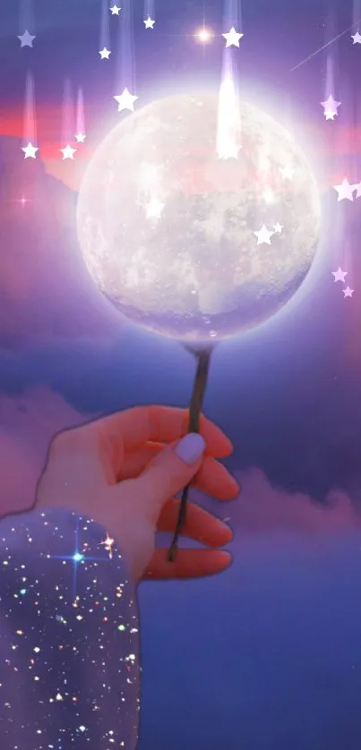 Hand holding glowing moon against purple night sky with clouds.