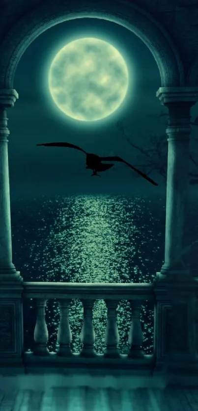 A mystical moonlit night scene with a full moon, balcony, and bird silhouette.