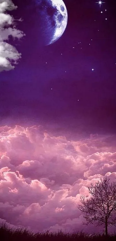 Mystical night sky with purple clouds and moon.