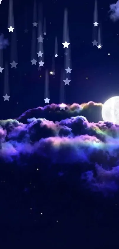 Mystical moonlit night sky with vibrant clouds and a glowing full moon.