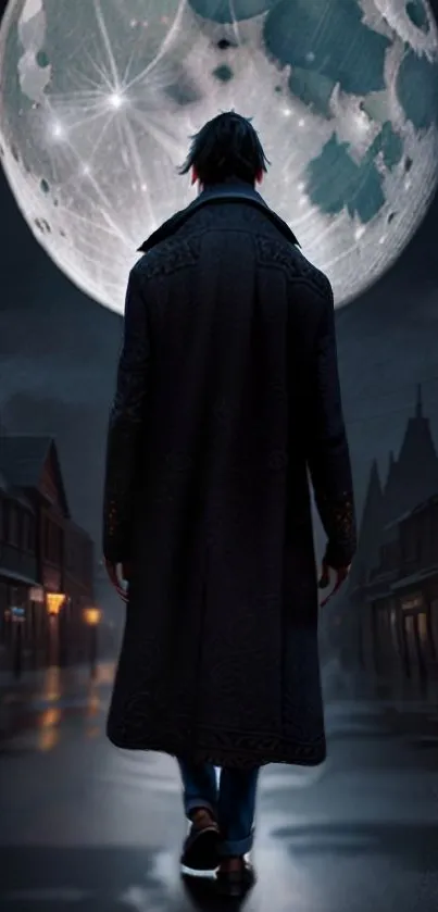 Mysterious figure walking under a moonlit night on a dark street.