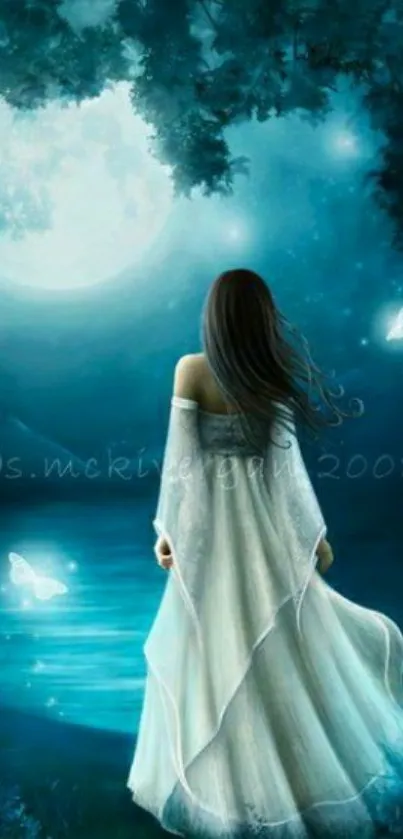 Woman in white gown under moonlit sky with glowing hues