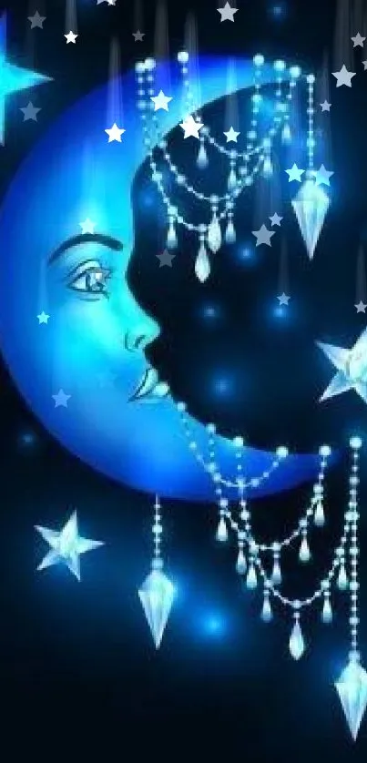 Glowing blue crescent moon with stars and crystal decorations in a mystical night scene.