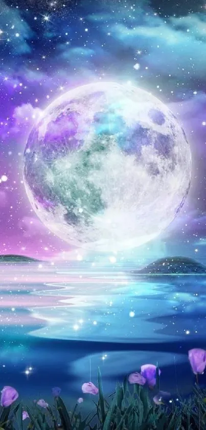 Mystical wallpaper with moon, stars, ocean, and flowers under a vibrant sky.