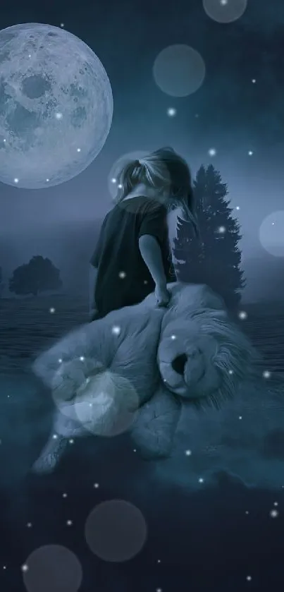 A serene night scene with a moonlit sky and dreamy landscape on mobile wallpaper.