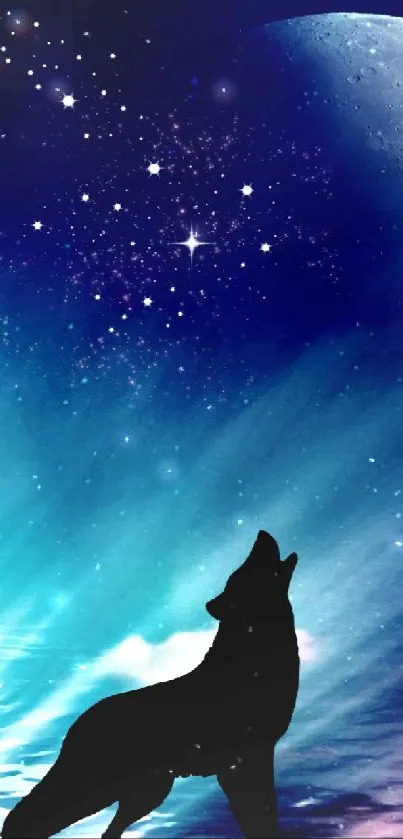 Woman and wolf under starry moonlit sky with ethereal hues.