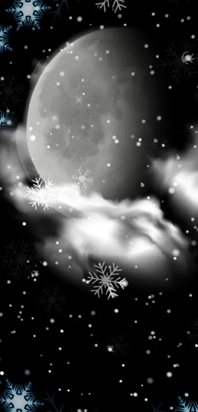 Mystical moonlit night with clouds and snowflakes wallpaper.