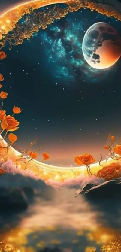 Moonlit night with orange roses and a starry sky.